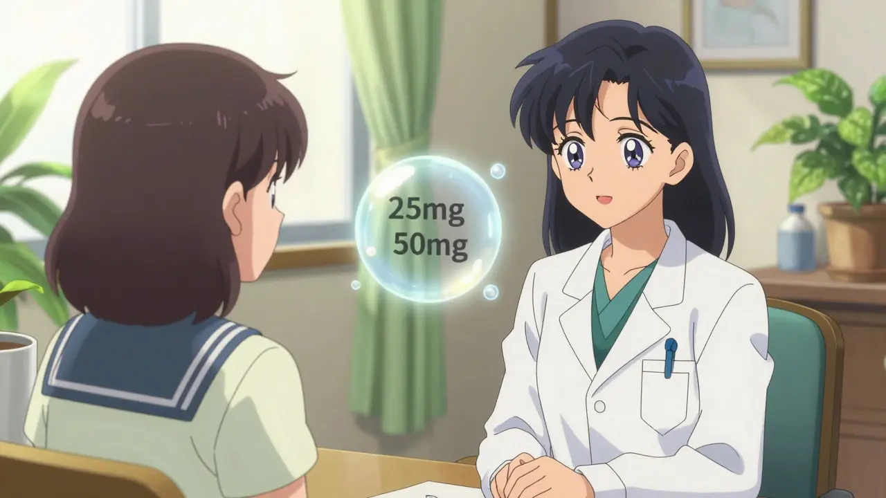 Doctor and patient discussing Clomid dosage in warm anime setting