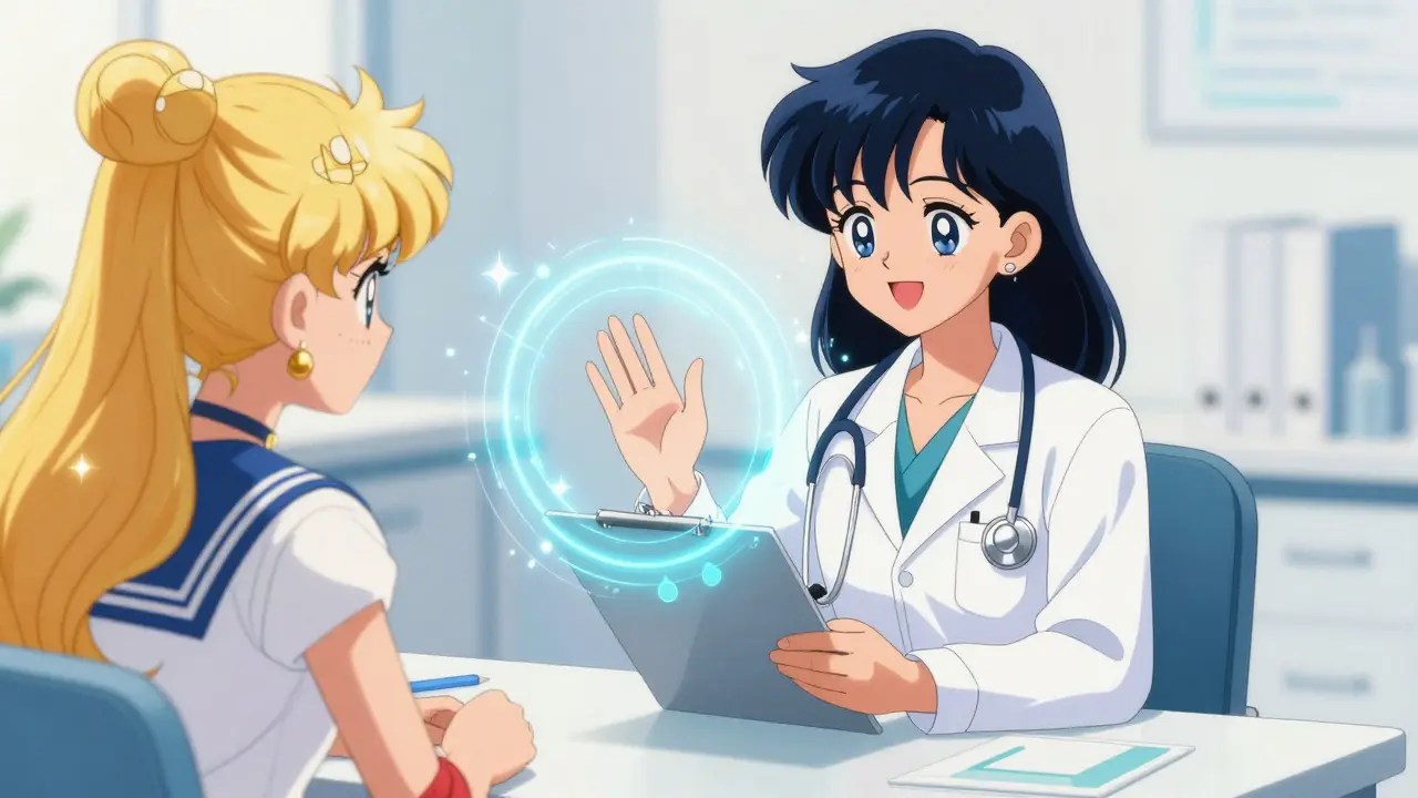 Doctor and patient having a video consultation via a glowing magical interface.
