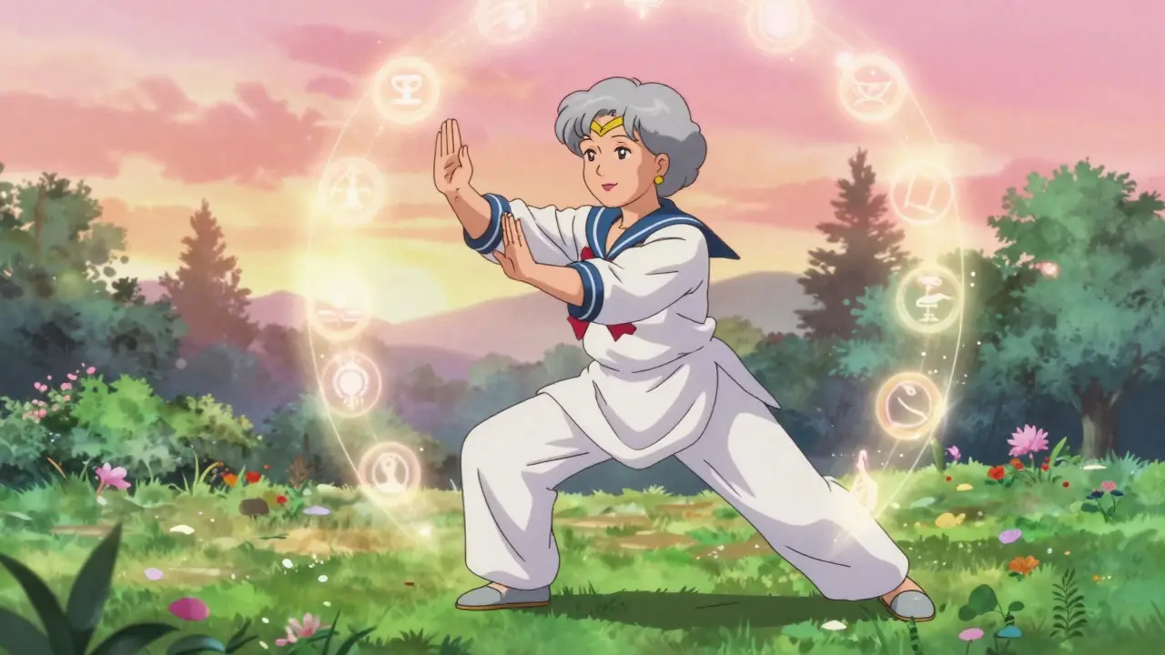 Elderly woman practicing Tai Chi in a magical, protective garden