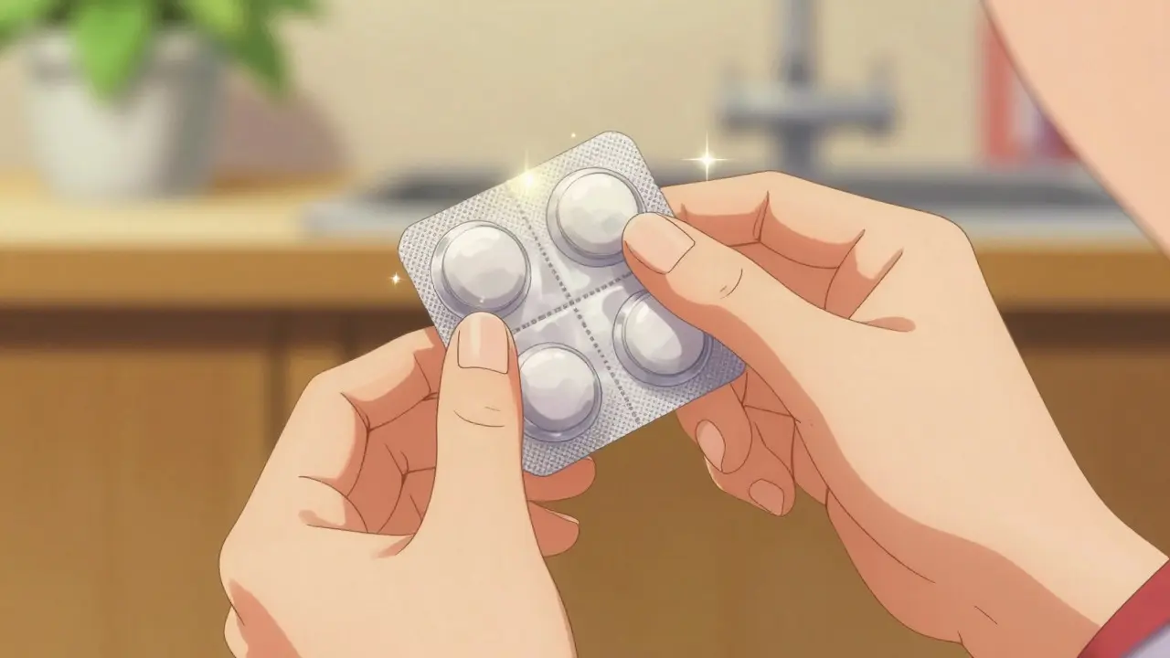 Hands carefully inspecting a sealed medicine blister pack in warm light
