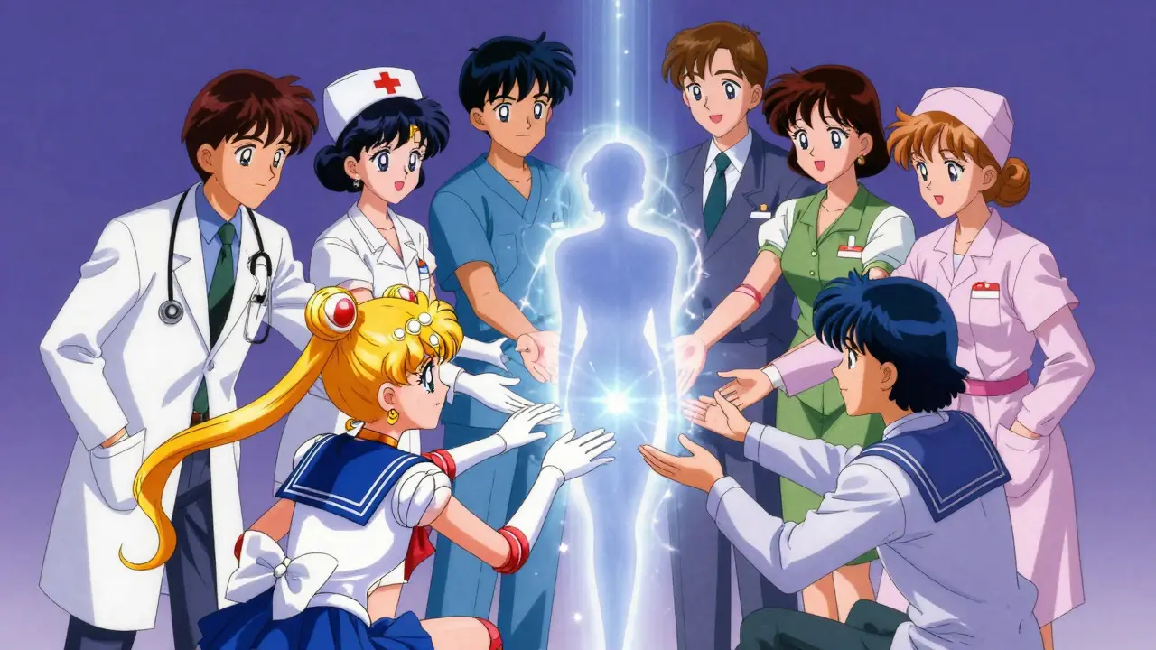 Multidisciplinary care team surrounding a patient with a protective aura in anime style