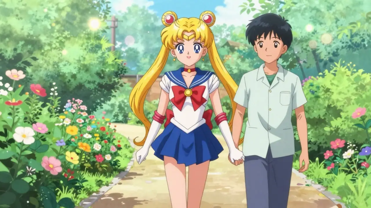 Patient and caregiver walking together in a sunny garden in Sailor Moon style