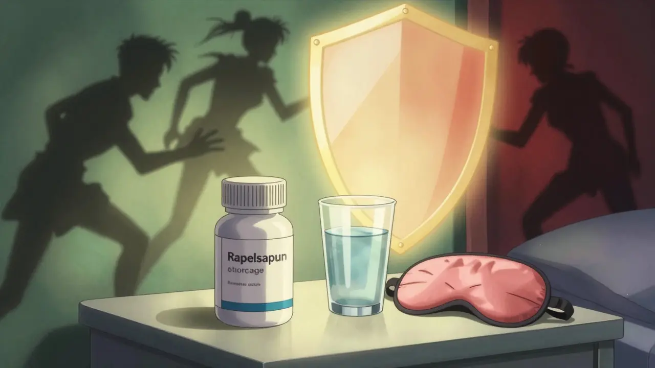 Pill bottle on nightstand protected by a golden shield against shadowy scam figures.