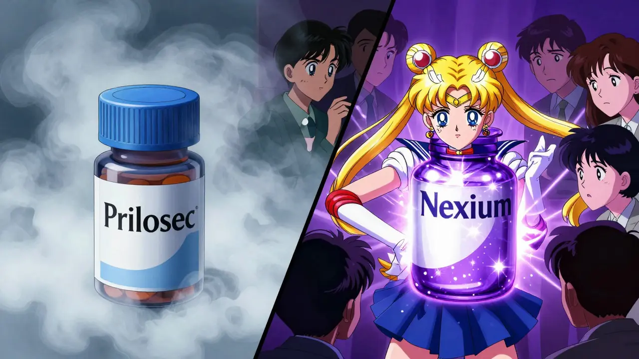 Sailor Moon style art showing a fading blue pill replaced by a shiny purple one