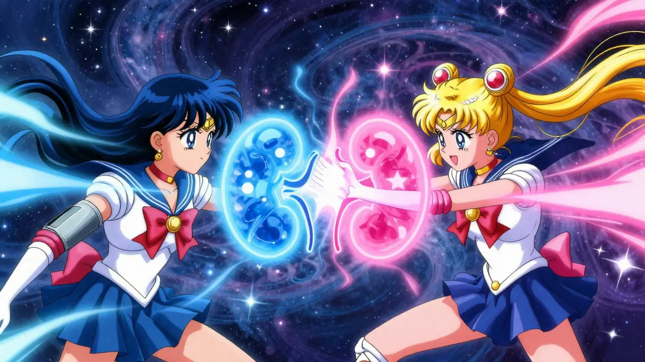 Sailor Moon style art showing two energy beams targeting a glowing kidney emblem