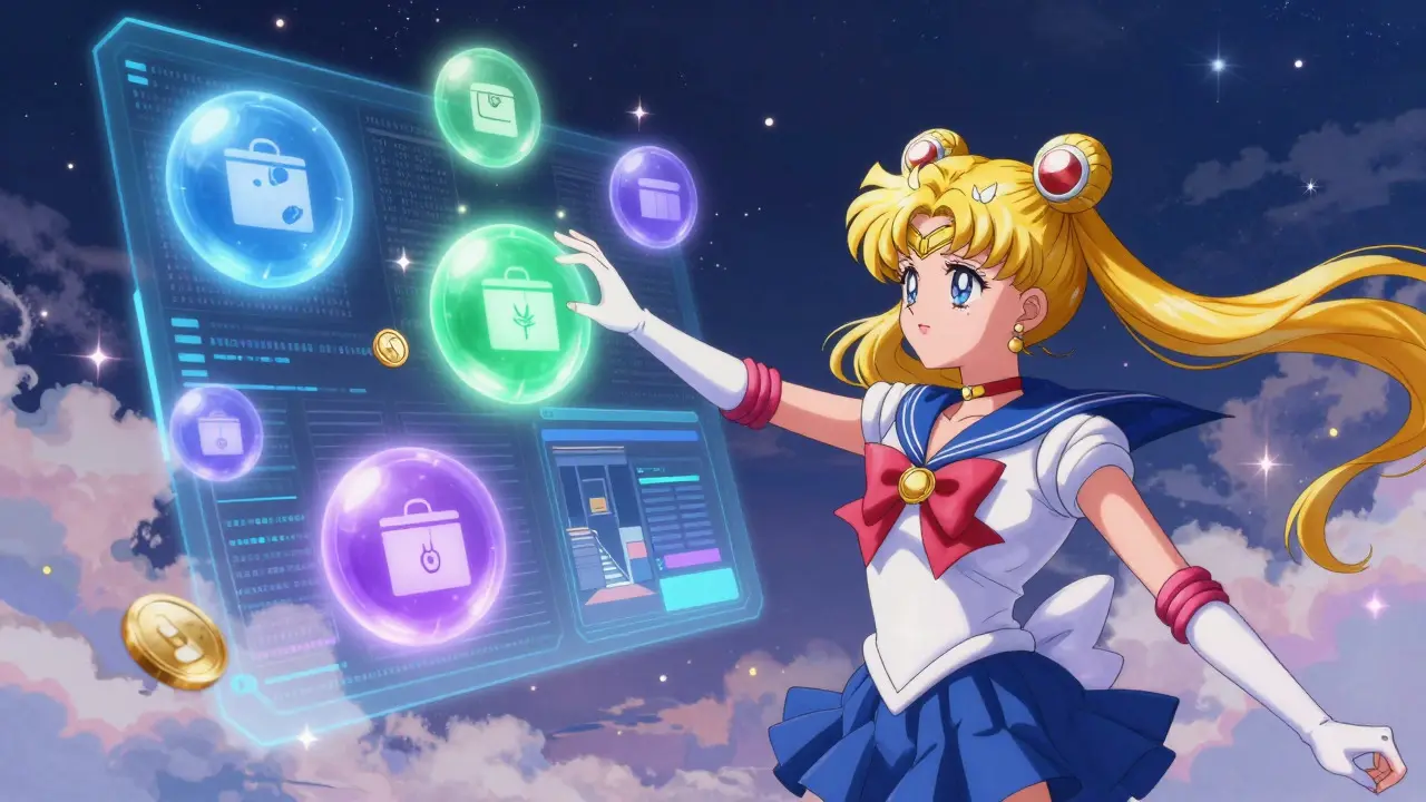 Sailor Moon style character interacting with magical pharmacy orbs
