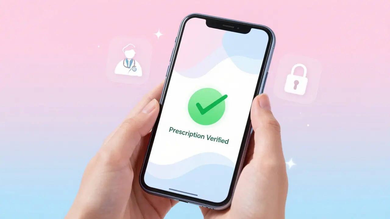Smartphone showing verified prescription icon in magical anime style