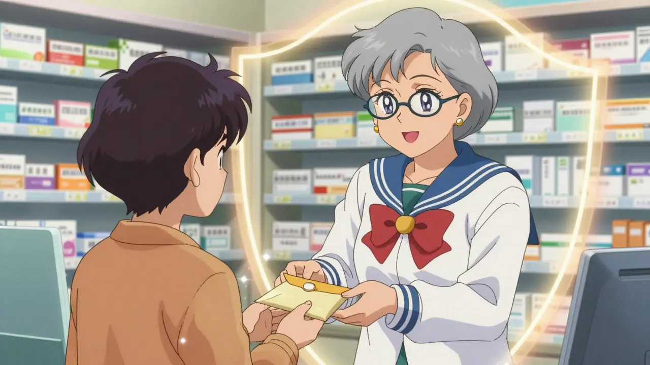 Trusted pharmacist handing medication to patient in anime style